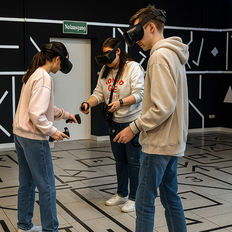 Zwei Personen die VR Brillen tragen und VR Spiele spielen